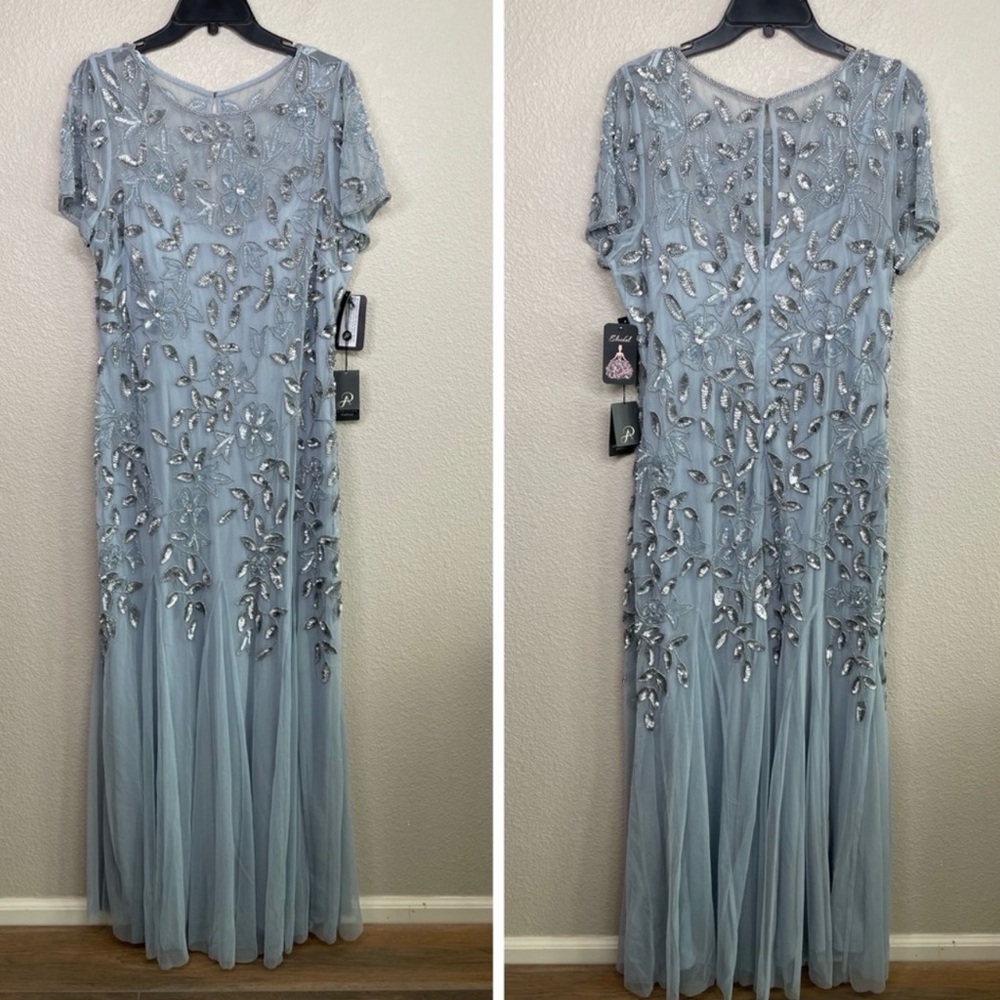 Adrianna Papell Size 16 Short Sleeve Beaded Floral Dress Illusion Neckline - Picture 2 of 8